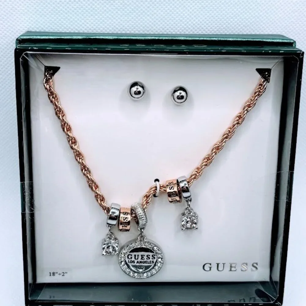 Guess Gift Boxed Set Earrings Necklace With Gold And Silver Tone Charms NWOT - Picture 2 of 5